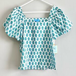 NWT CeCe Floral Print Puff Sleeve Cotton Blouse